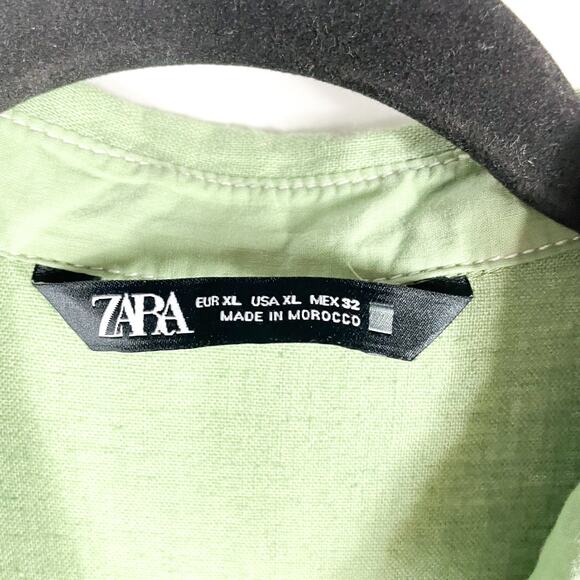 Zara Topstitched Romper Green Belt Tie Button Front Roll Tab Sleeve Collar Sz XL - Picture 9 of 12
